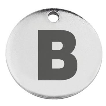 Stainless steel pendant, round, diameter 15 mm, motif letter B, silver-coloured