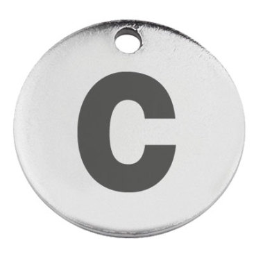 Pendentif en acier inoxydable, rond, diamètre 15 mm, motif lettre C, argenté