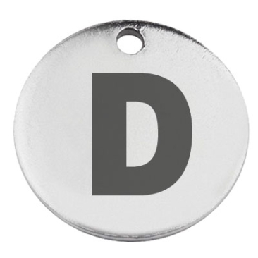 Stainless steel pendant, round, diameter 15 mm, motif letter D, silver-coloured