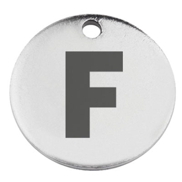 Stainless steel pendant, round, diameter 15 mm, motif letter F, silver-coloured