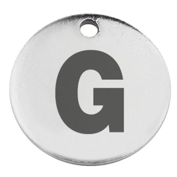 Stainless steel pendant, round, diameter 15 mm, motif letter G, silver-coloured