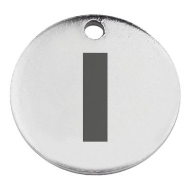 Stainless steel pendant, round, diameter 15 mm, motif letter I, silver-coloured