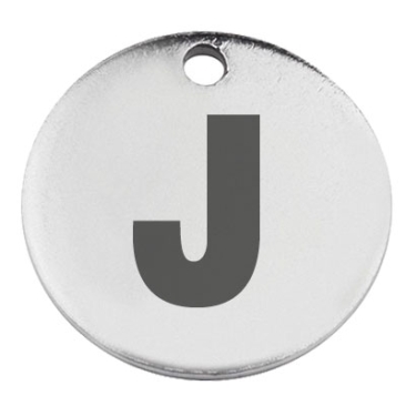 Stainless steel pendant, round, diameter 15 mm, motif letter J, silver colour