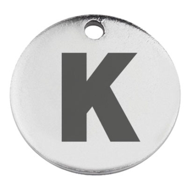 Pendentif en acier inoxydable, rond, diamètre 15 mm, motif lettre K, argenté