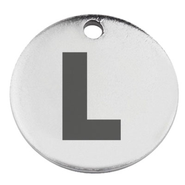 Pendentif en acier inoxydable, rond, diamètre 15 mm, motif lettre L, argenté