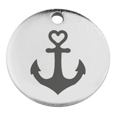Stainless steel pendant, round, diameter 15 mm, anchor motif, silver-coloured