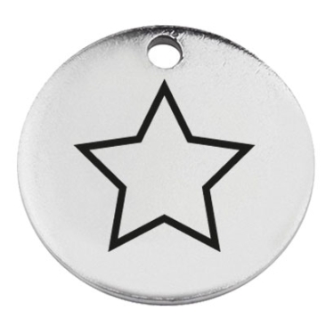 Stainless steel pendant, round, diameter 15 mm, motif star, silver-coloured