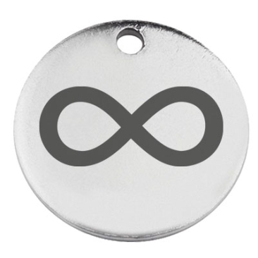 Stainless steel pendant, round, diameter 15 mm, motif infinity, silver-coloured