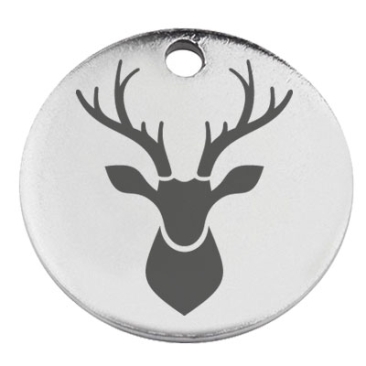 Stainless steel pendant, round, diameter 15 mm, motif deer, silver-coloured