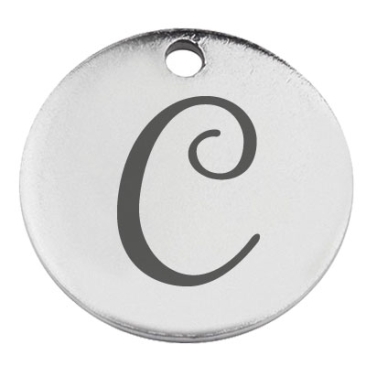 Pendentif en acier inoxydable, rond, diamètre 15 mm, motif lettre C, argenté