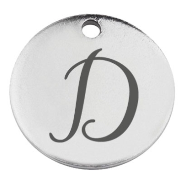 Stainless steel pendant, round, diameter 15 mm, motif letter D, silver-coloured