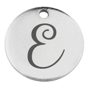 Pendentif en acier inoxydable, rond, diamètre 15 mm, motif lettre E, argenté