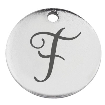 Stainless steel pendant, round, diameter 15 mm, motif letter F, silver-coloured
