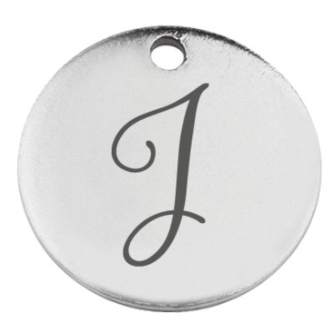 Stainless steel pendant, round, diameter 15 mm, motif letter J, silver colour