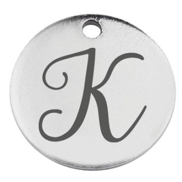 Stainless steel pendant, round, diameter 15 mm, motif letter K, silver-coloured