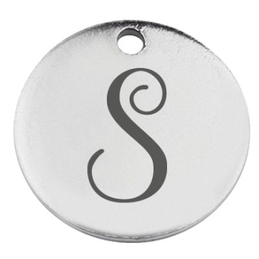 Pendentif en acier inoxydable, rond, diamètre 15 mm, motif lettre S, argenté