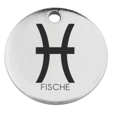 Stainless steel pendant, round, diameter 15 mm, motif star sign "Pisces", silver-coloured