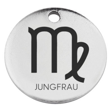 Edelstahl Anhänger, Rund, Durchmesser 15 mm, Motiv Sternzeichen "Jungfrau", silberfarben
