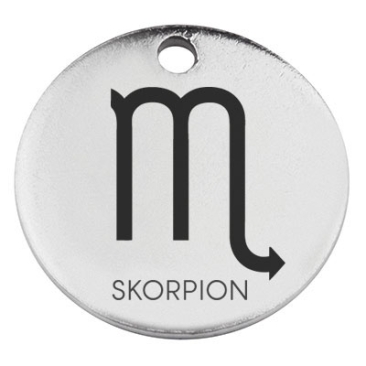 Stainless steel pendant, round, diameter 15 mm, motif "Scorpio" star sign, silver-coloured