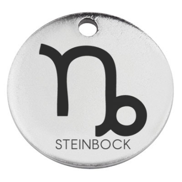 Edelstahl Anhänger, Rund, Durchmesser 15 mm, Motiv Sternzeichen "Steinbock", silberfarben