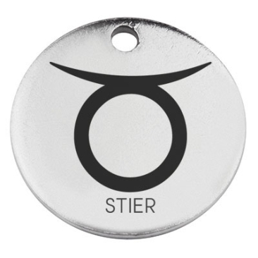 Edelstahl Anhänger, Rund, Durchmesser 15 mm, Motiv Sternzeichen "Stier", silberfarben