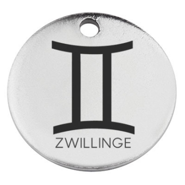 Stainless steel pendant, round, diameter 15 mm, motif "Gemini" star sign, silver-coloured