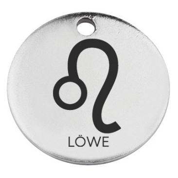 Stainless steel pendant, round, diameter 15 mm, motif "Leo" star sign, silver-coloured