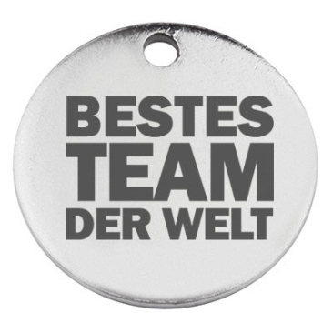 Stainless steel pendant, round, diameter 15 mm, engraving "Best team in the world", silver-coloured