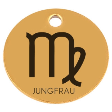 Edelstahl Anhänger, Rund, Durchmesser 15 mm, Motiv Sternzeichen "Jungfrau", goldfarben