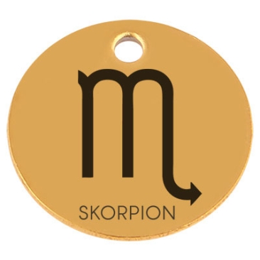 Pendentif en acier inoxydable, rond, diamètre 15 mm, motif signe astrologique "Scorpion", doré