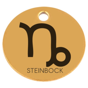 Edelstahl Anhänger, Rund, Durchmesser 15 mm, Motiv Sternzeichen "Steinbock", goldfarben