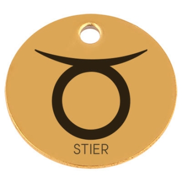 Edelstahl Anhänger, Rund, Durchmesser 15 mm, Motiv Sternzeichen "Stier", goldfarben