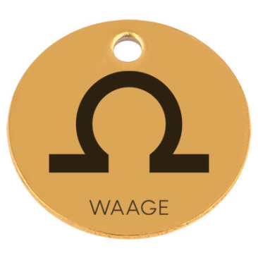 Edelstahl Anhänger, Rund, Durchmesser 15 mm, Motiv Sternzeichen "Waage", goldfarben