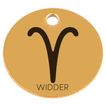 Pendentif en acier inoxydable, rond, diamètre 15 mm, motif signe astrologique "Bélier", doré