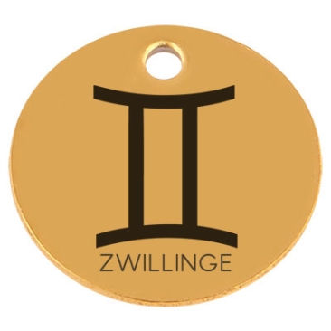 Edelstahl Anhänger, Rund, Durchmesser 15 mm, Motiv Sternzeichen "Zwillinge", goldfarben