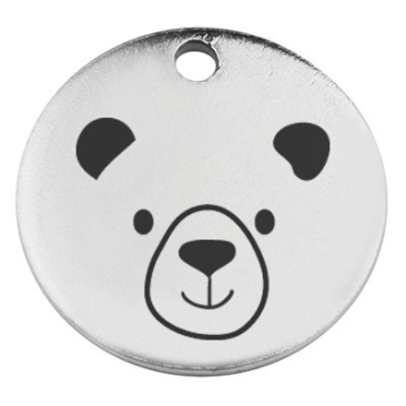 Stainless steel pendant, round, diameter 15 mm, motif "Bear", silver-coloured