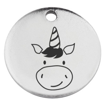 Stainless steel pendant, round, diameter 15 mm, motif "Unicorn", silver-coloured