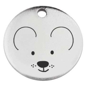 Stainless steel pendant, round, diameter 15 mm, motif "Mouse", silver-coloured