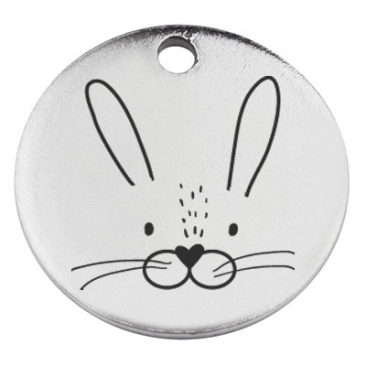 Stainless steel pendant, round, diameter 15 mm, motif "Bunny", silver-coloured