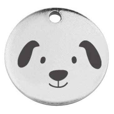 Stainless steel pendant, round, diameter 15 mm, motif "Dog", silver-coloured