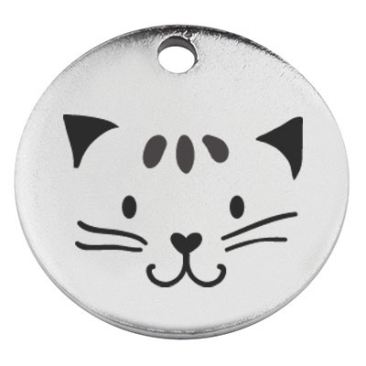 Stainless steel pendant, round, diameter 15 mm, motif "Cat", silver-coloured