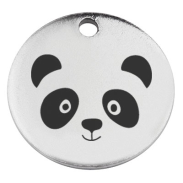 Roestvrijstalen hanger, rond, diameter 15 mm, motief "Panda", zilverkleurig