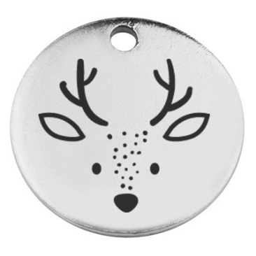 Stainless steel pendant, round, diameter 15 mm, motif "Deer", silver-coloured