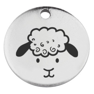 Stainless steel pendant, round, diameter 15 mm, motif "Sheep", silver-coloured