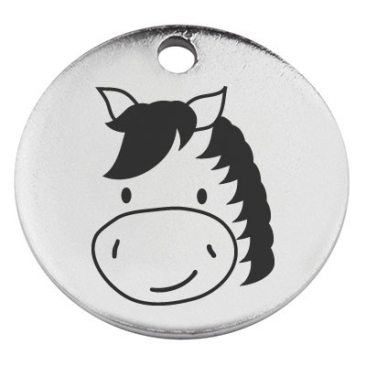 Stainless steel pendant, round, diameter 15 mm, motif "Horse", silver-coloured