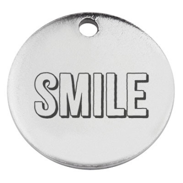 Stainless steel pendant, round, diameter 15 mm, motif "Smile", silver-coloured