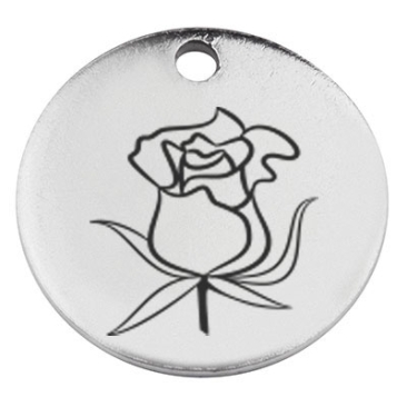 Edelstahl Anhänger, Rund, Durchmesser 15 mm, Motiv Geburtsblume Monat Juni Rose, silberfarben