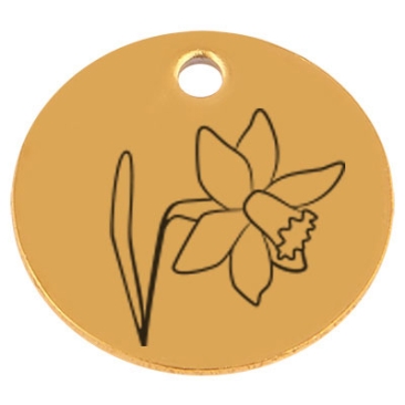 Edelstahl Anhänger, Rund, Durchmesser 15 mm, Motiv Geburtsblume Monat März Narzisse, goldfarben