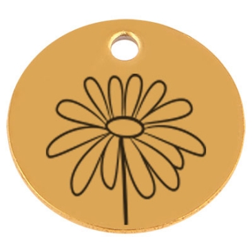 Edelstahl Anhänger, Rund, Durchmesser 15 mm, Motiv Geburtsblume Monat April Gänseblümchen, goldfarben