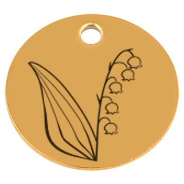 Edelstahl Anhänger, Rund, Durchmesser 15 mm, Motiv Geburtsblume Monat Mai Maiglöckchen, goldfarben